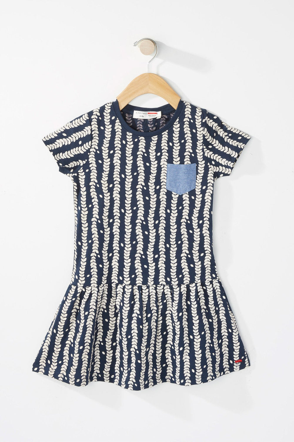 Kids Girls Chambray Pocket Leaf Printed Peplum Dress Navy