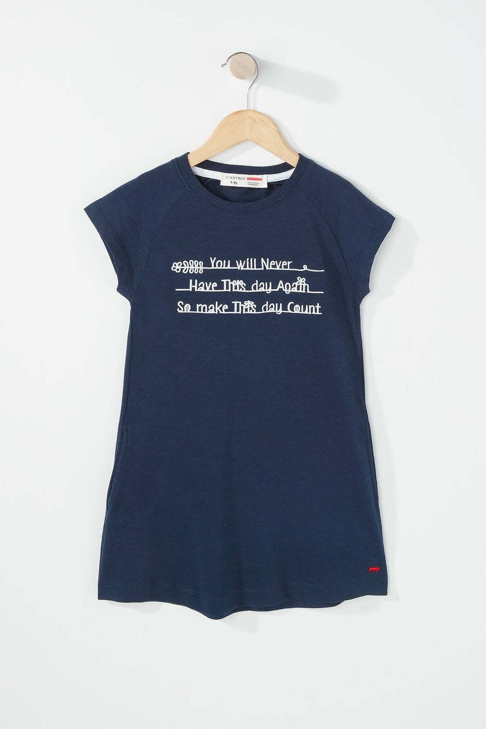 Kids Girls Floral Embroidered Quote T-Shirt Dress Navy