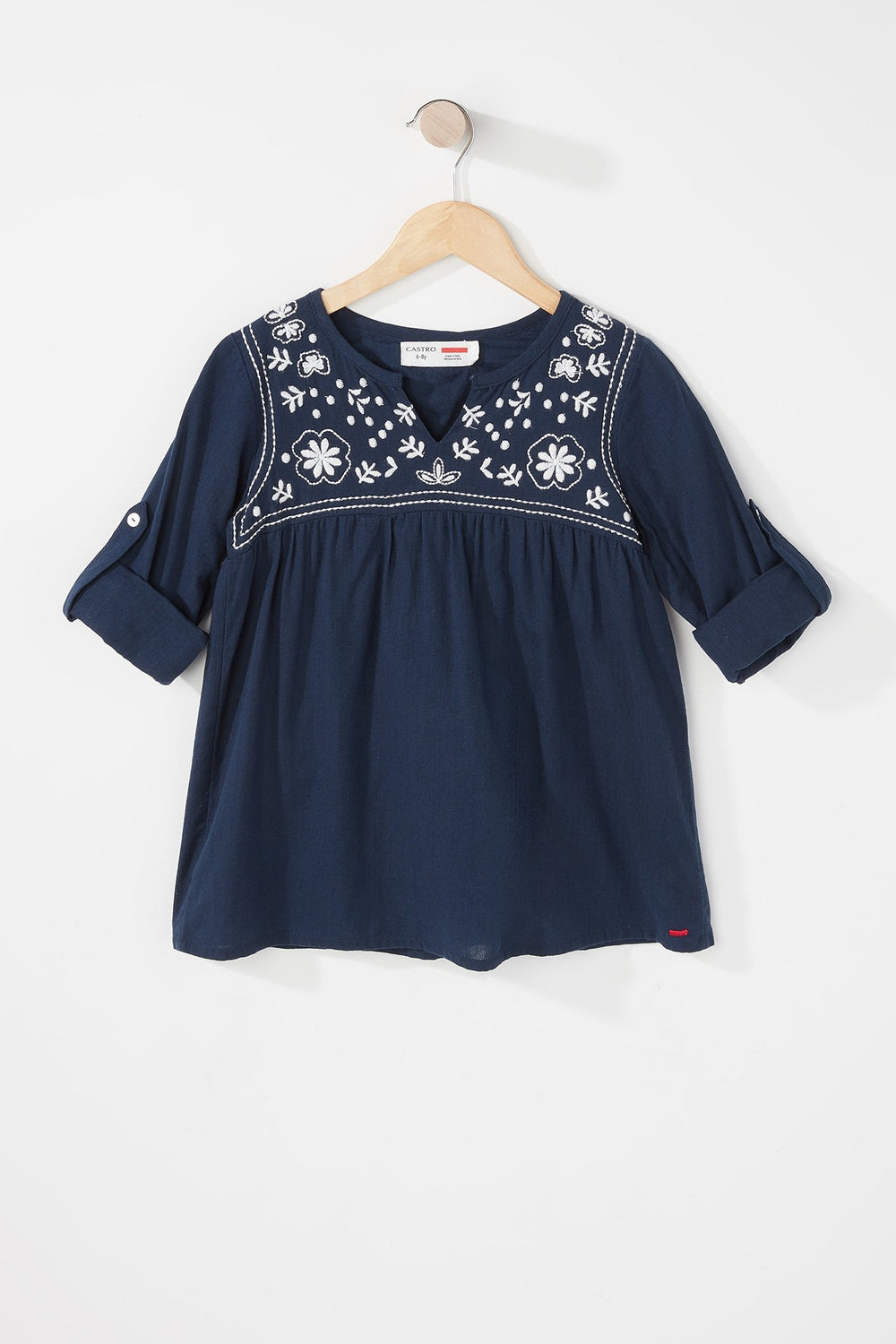 Kids Girls Floral Embroidered Roll-Tab Woven Dress Navy