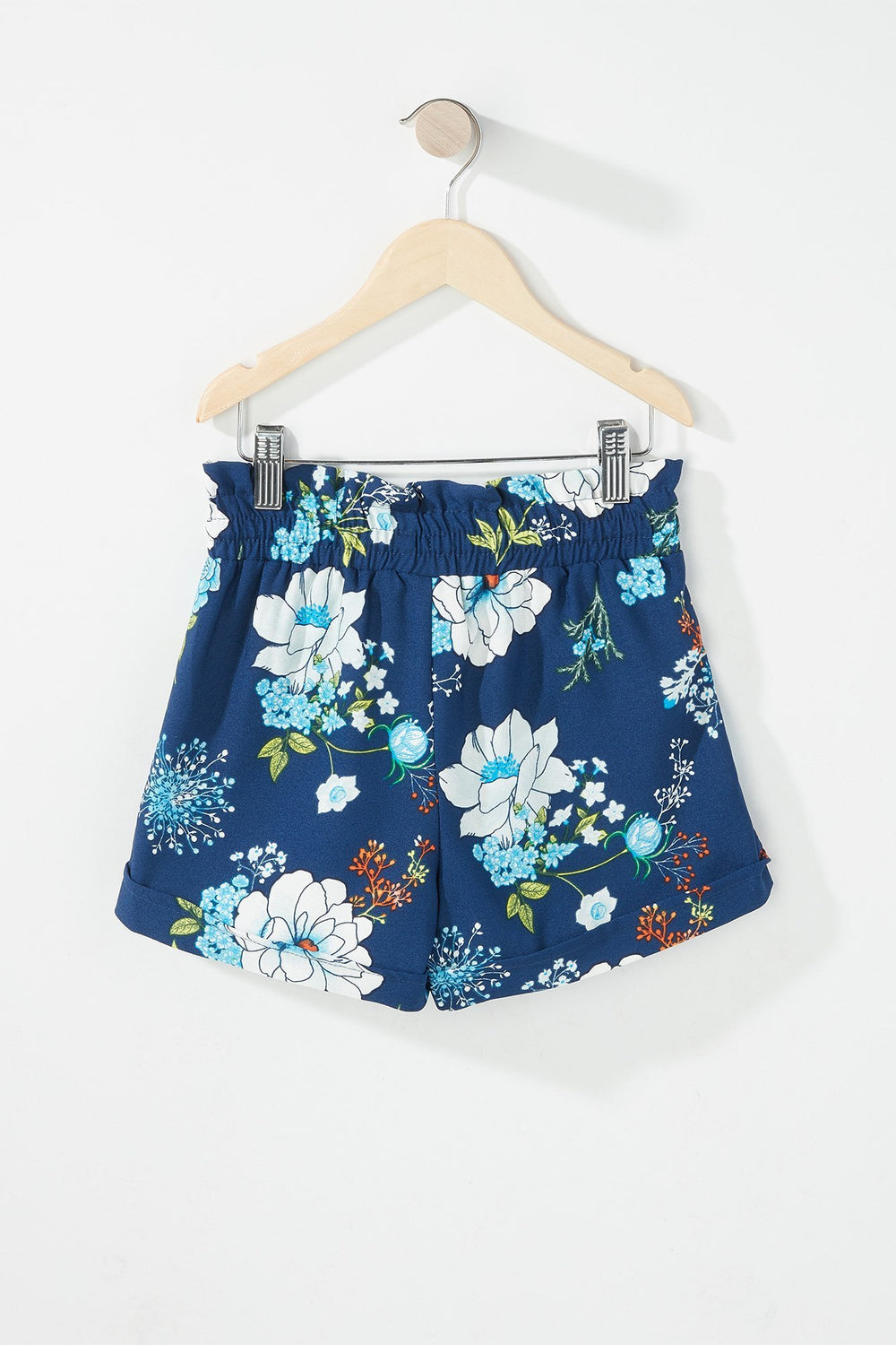 Kids Girls Floral Ruffle Drawstring Paperbag Short Navy