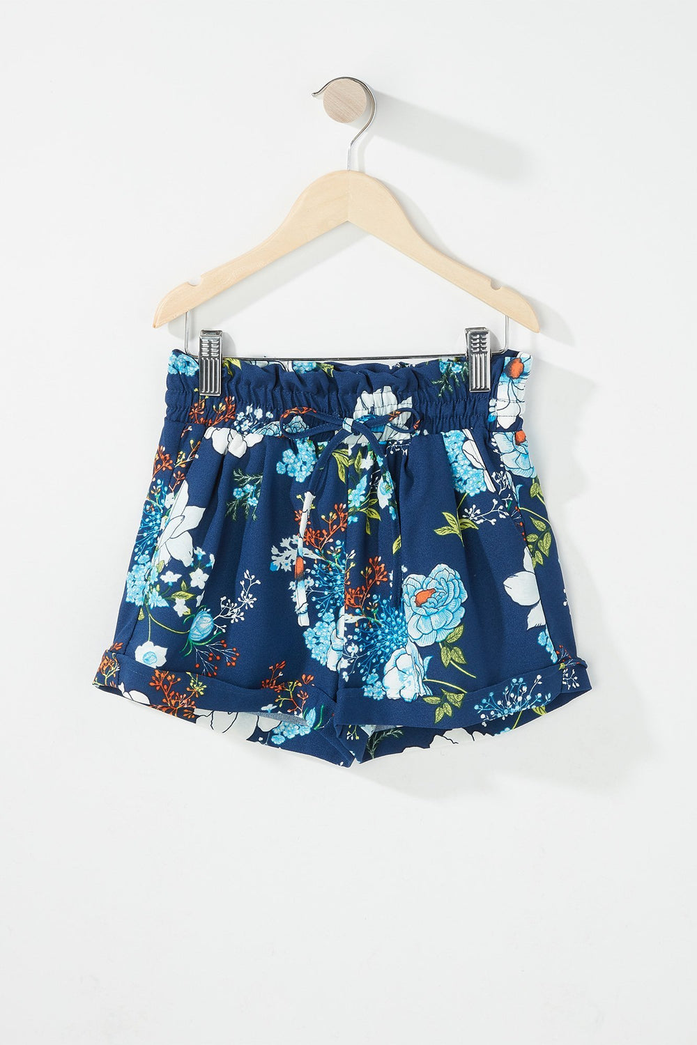 Kids Girls Floral Ruffle Drawstring Paperbag Short Navy