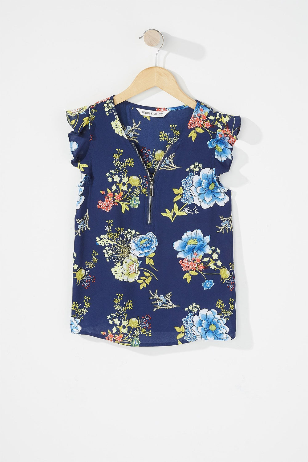 Kids Girls Floral Ruffle Half-Zip Blouse Navy