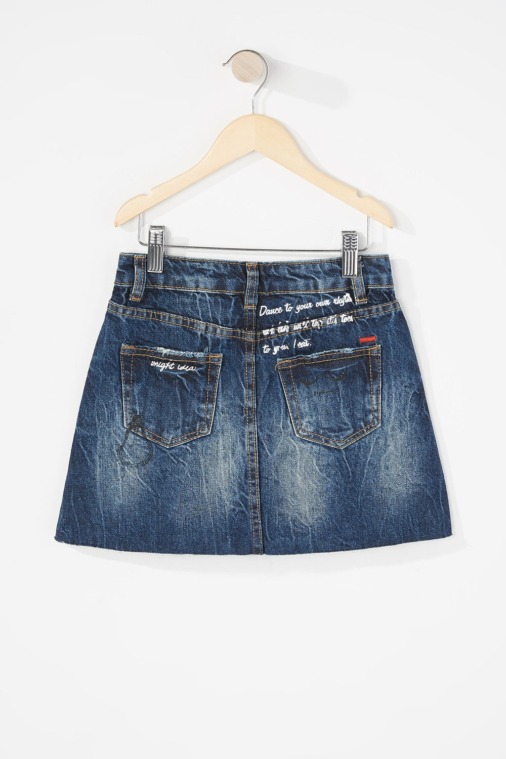 Kids Girls High-Rise Graphic Distressed Denim Skirt Navy