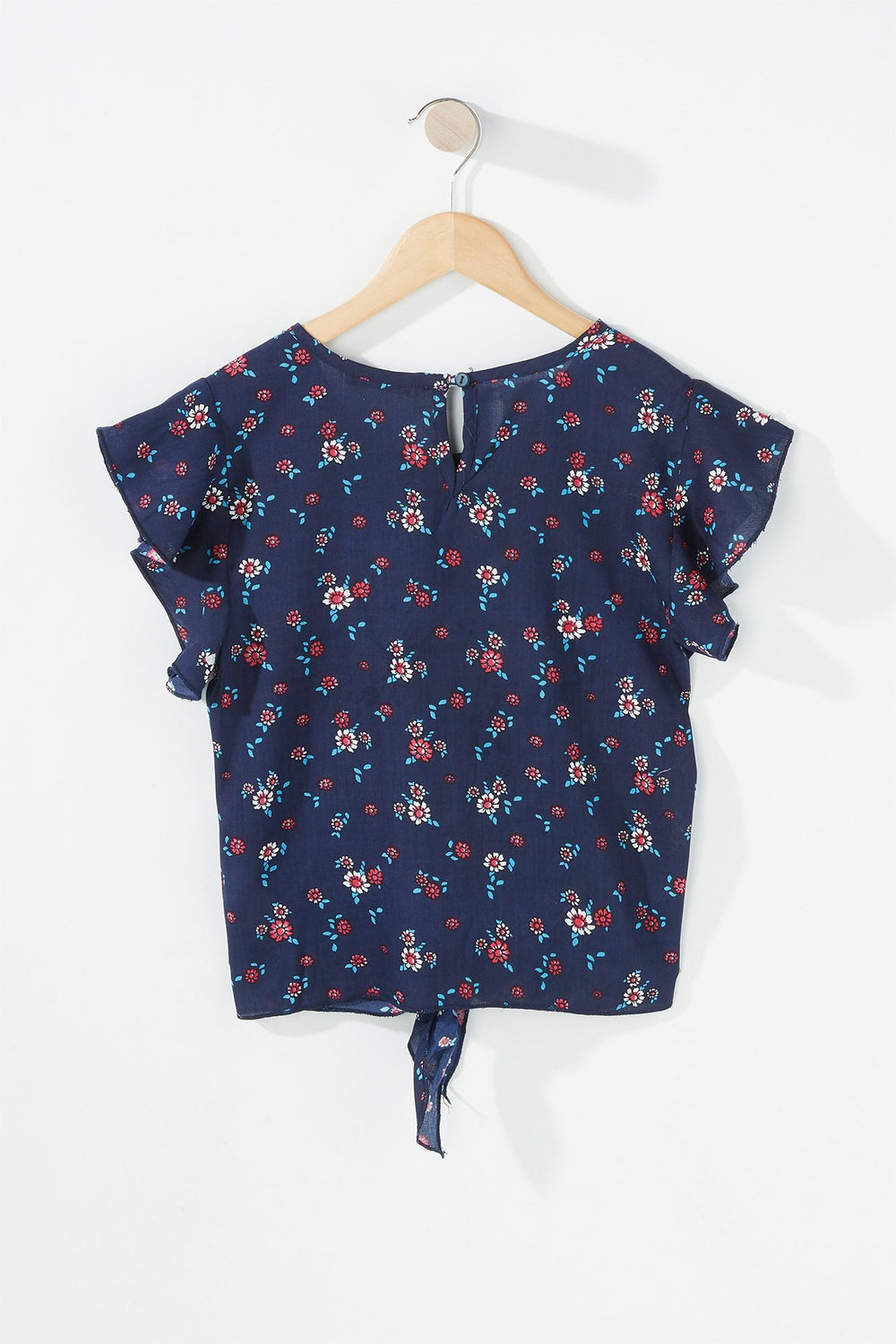 Kids Girls Ruffle Floral Front-Knot Self-Tie Blouse Navy