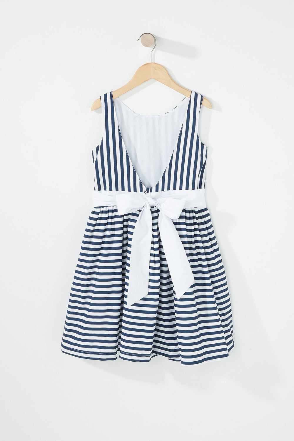 Kids Girls Striped Bowtie Pleated Dress Navy