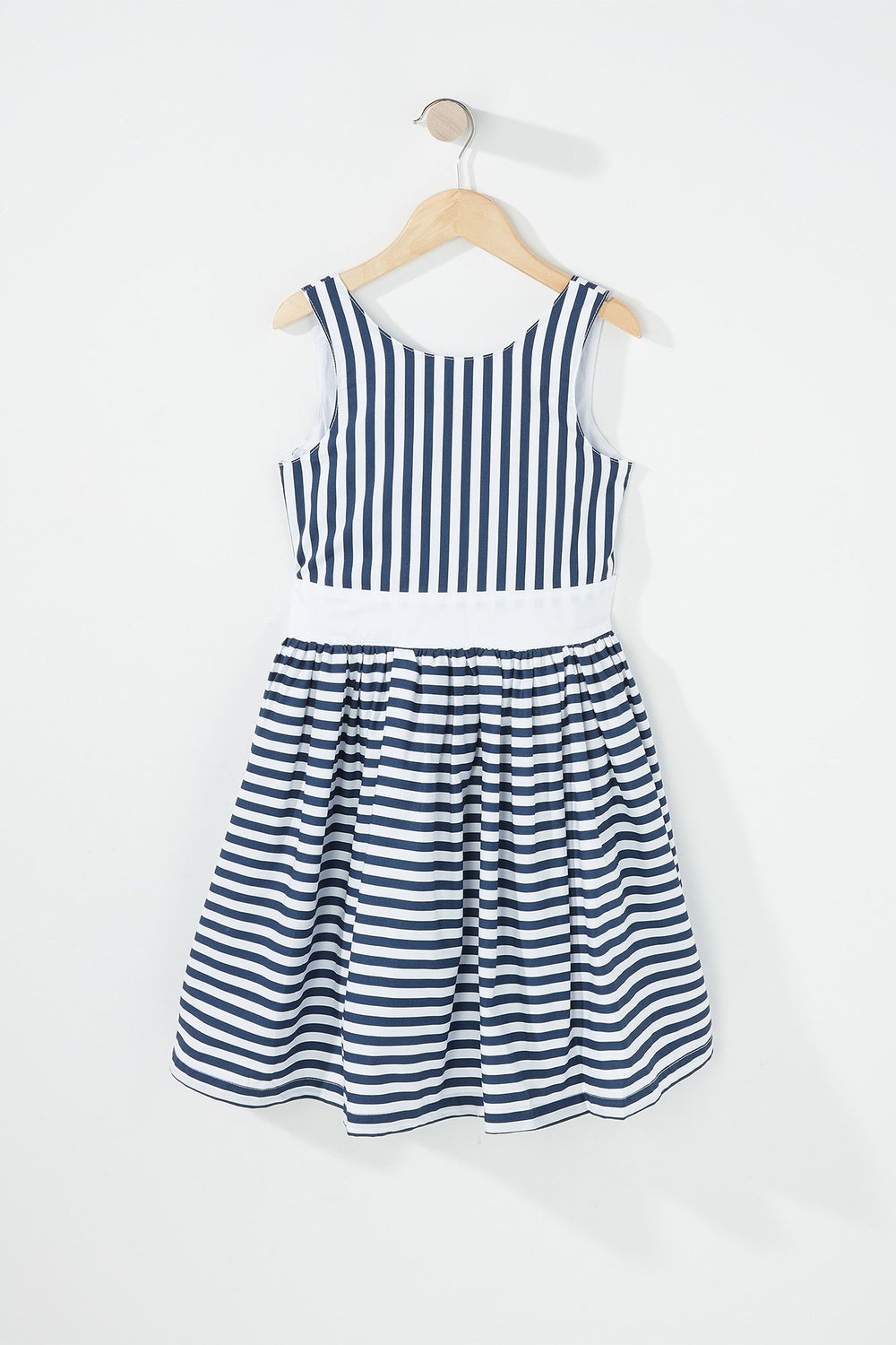 Kids Girls Striped Bowtie Pleated Dress Navy