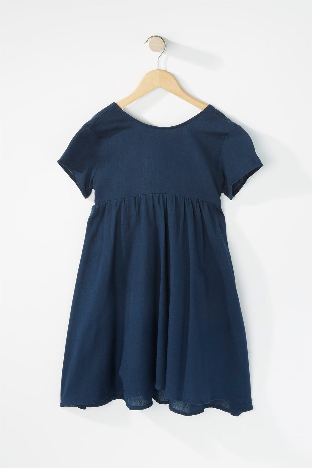 Kids Girls V-Neck Back Bowtie Pleated Dress Navy