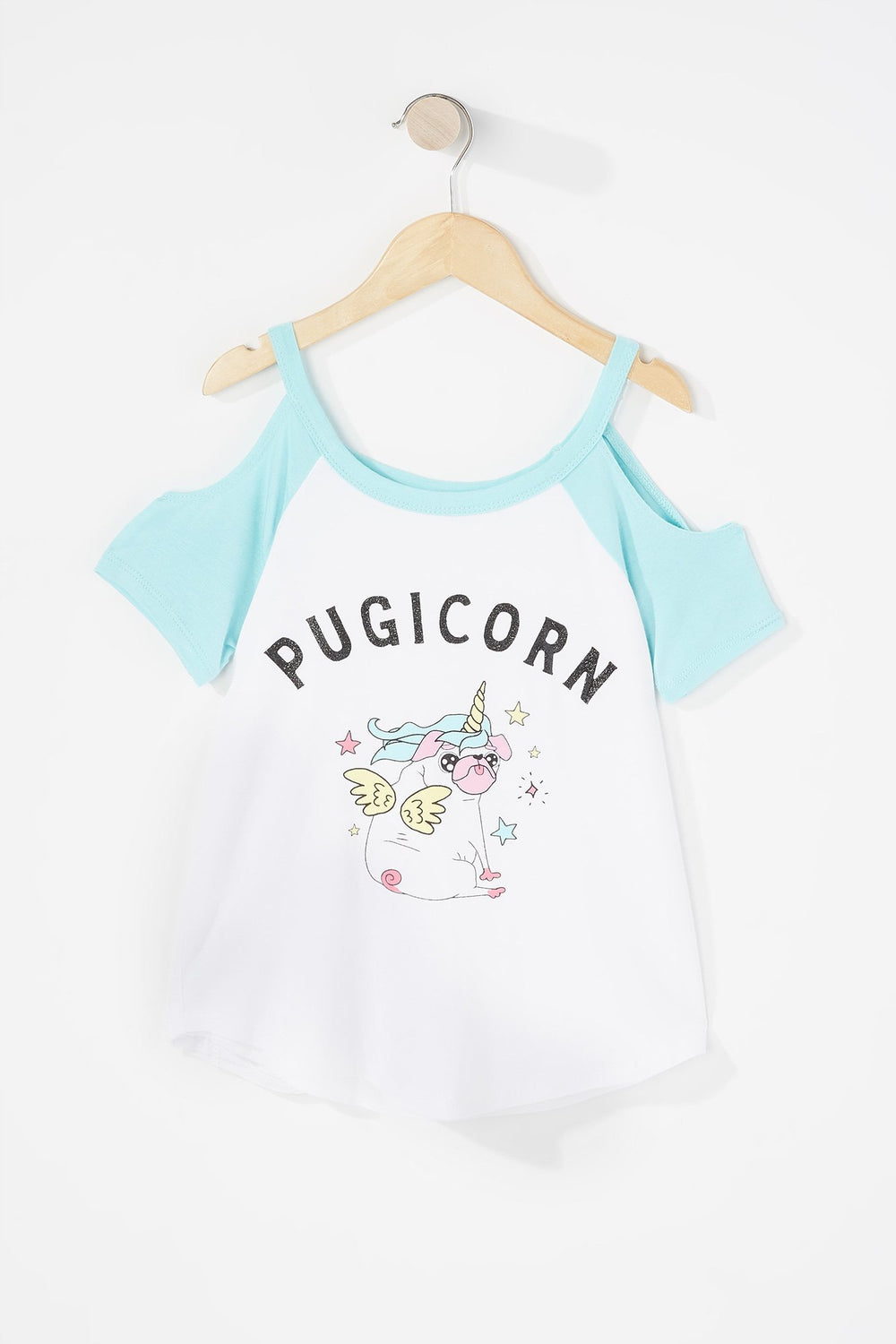 Kids Girls Cold Shoulder Graphic T-Shirt Neon Blue