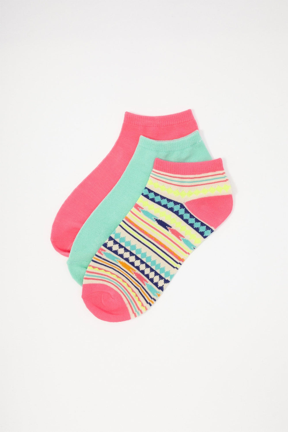 Women Geometric Graphic Socks (3 Pairs) Neon Pink
