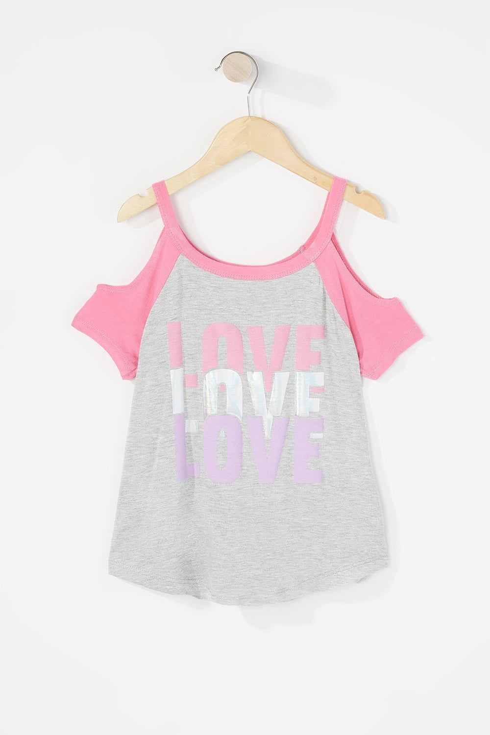Kids Girls Cold Shoulder Graphic T-Shirt Neon Pink