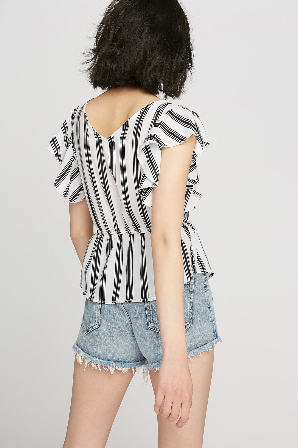 Women Blouse cache-cur volantée imprimée Noir et blanc