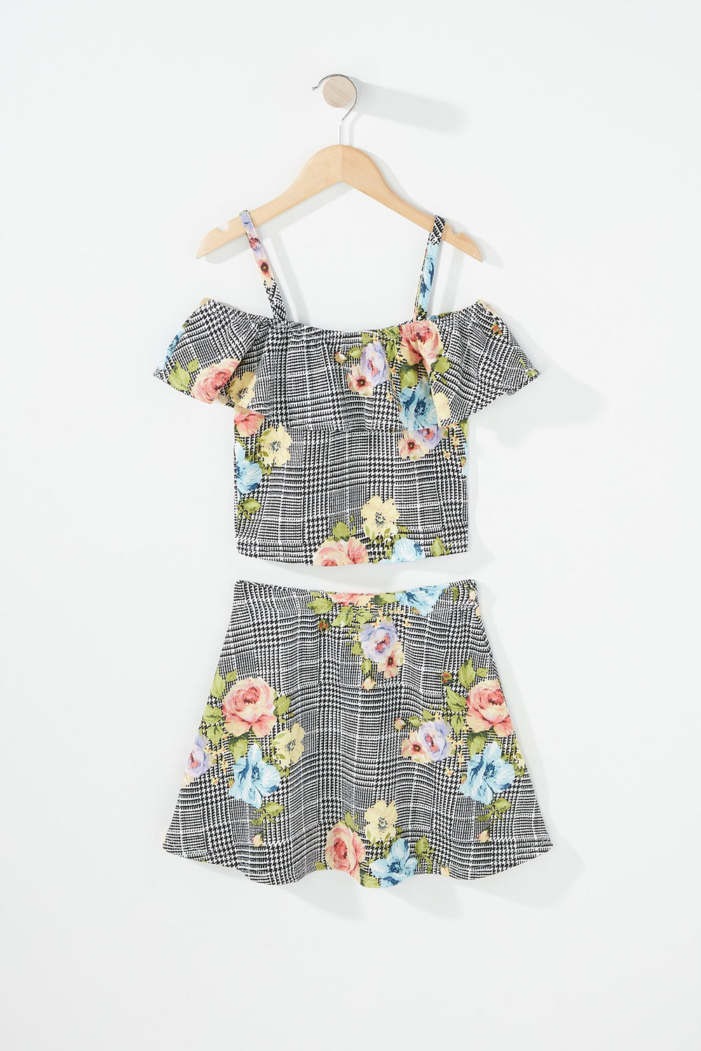 Kids Ensemble deux-pièces blouse et jupe volantées fleuries pour fille Noir et blanc