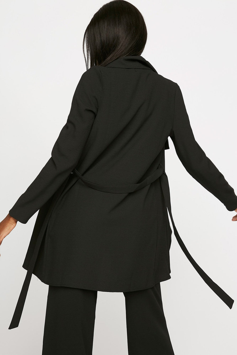 Women Blazer asymétrique ouvert avec ceinture Noir