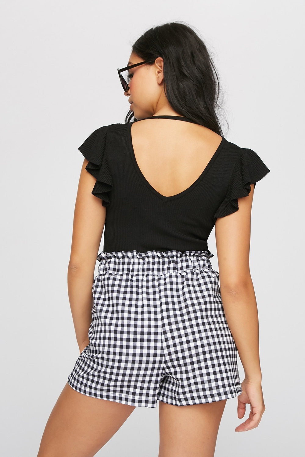 Women Blouse côtelée volantée à dos ouvert Noir
