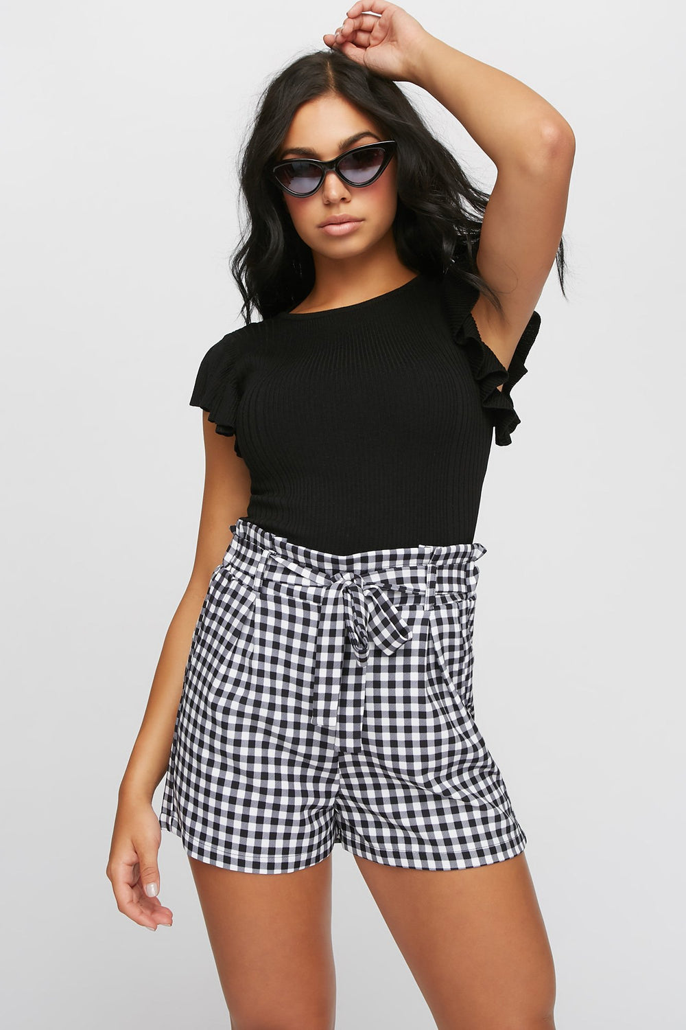 Women Blouse côtelée volantée à dos ouvert Noir