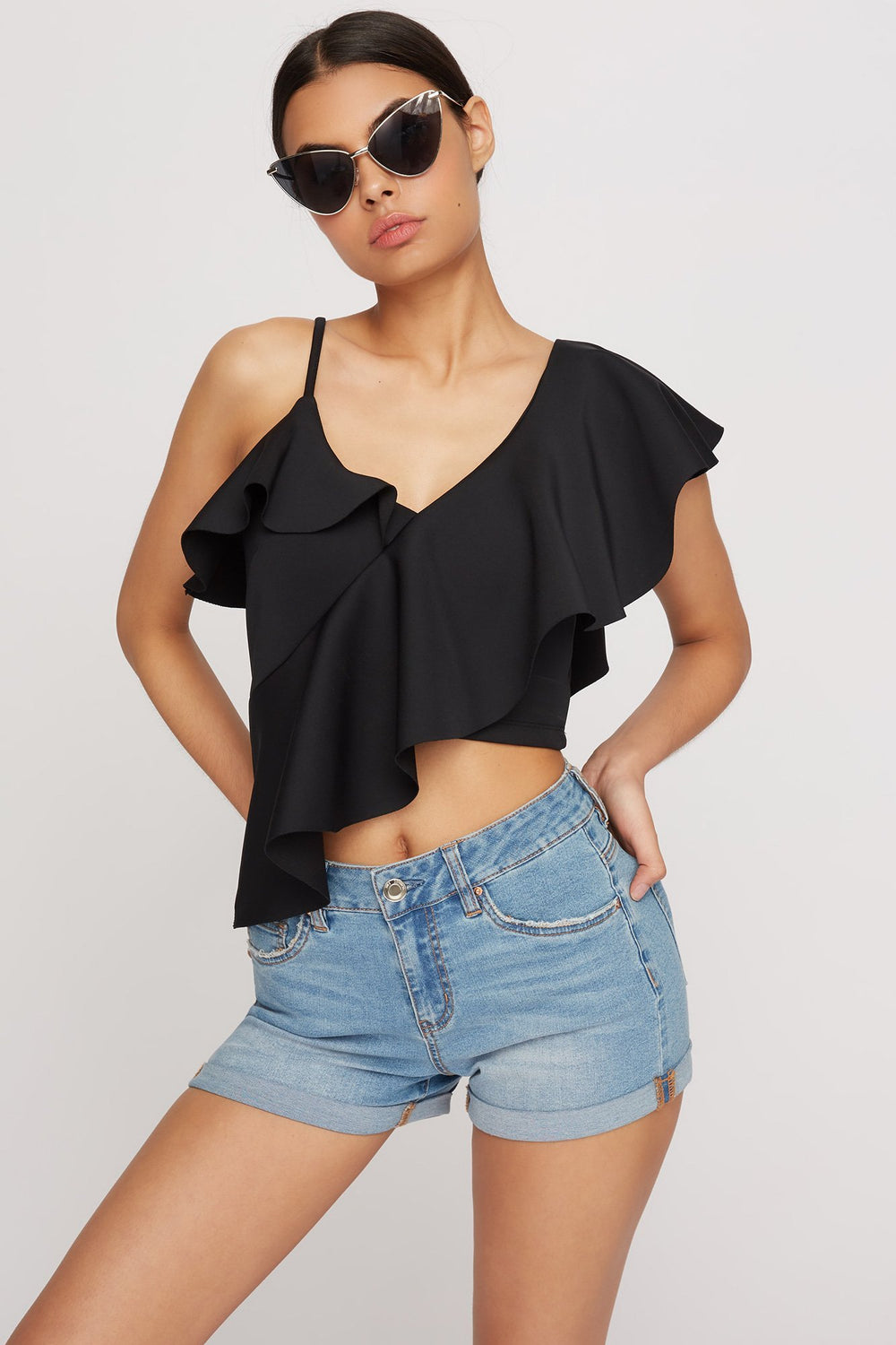 Women Blouse courte asymétrique de style plongée volantée à épaule unique Noir