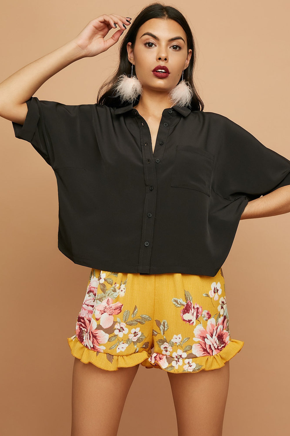 Women Blouse courte boutonnée tissée Noir