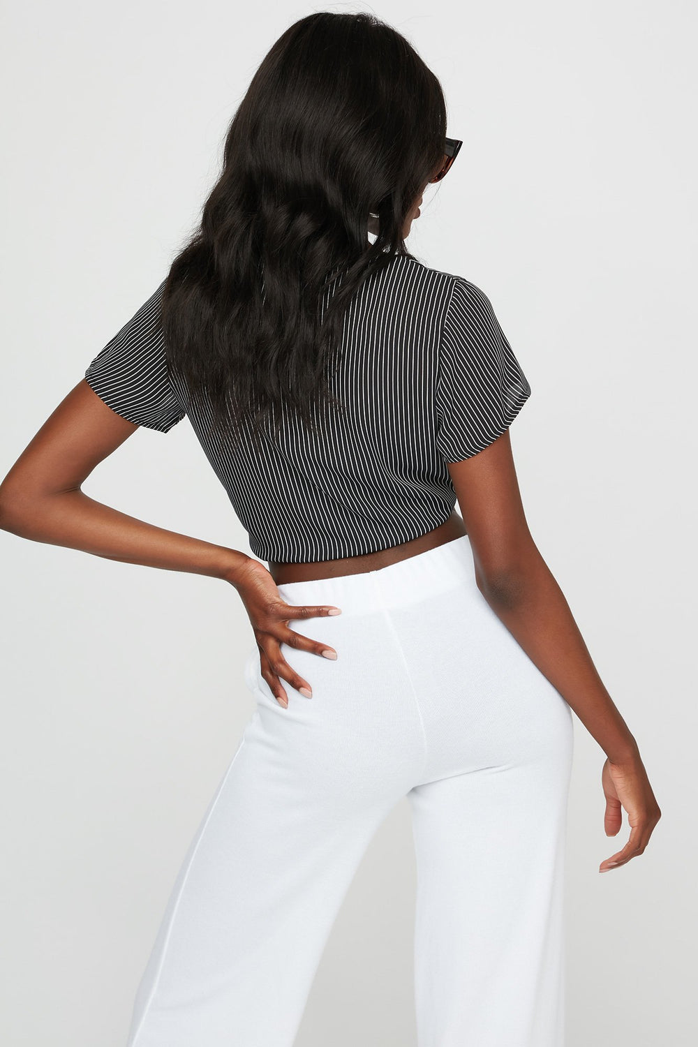 Women Blouse courte rayée nouée devant Noir