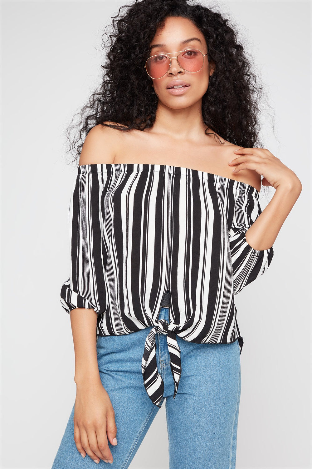 Women Blouse imprimée nouée devant à épaules dénudées Noir