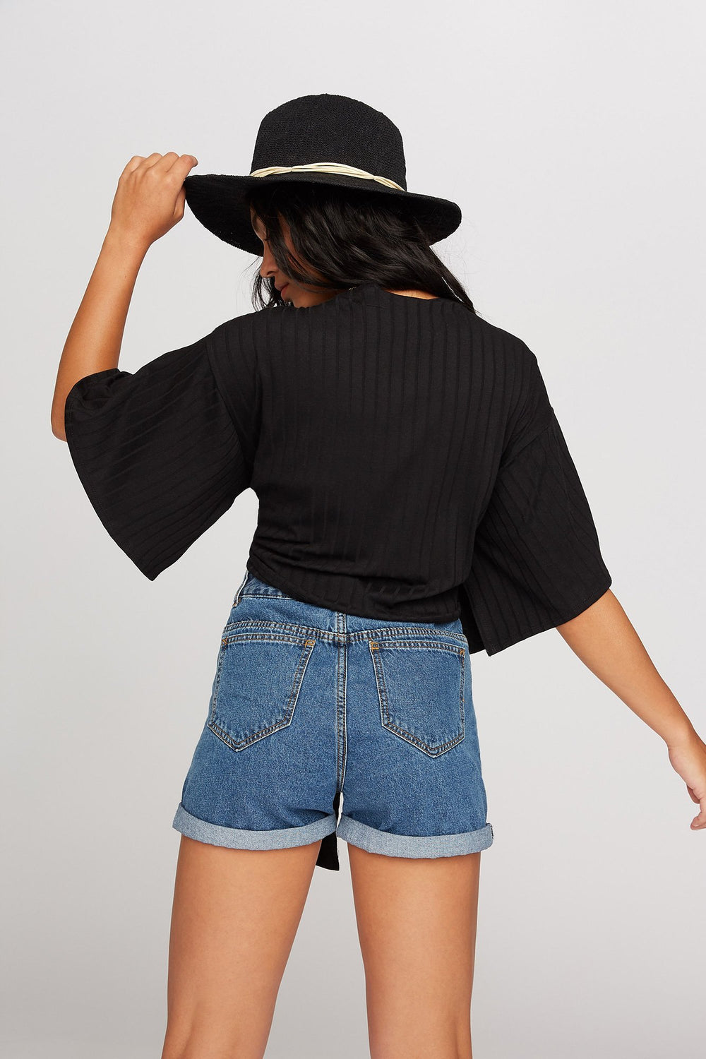 Women Cardigan-kimono côtelé avec attache Noir