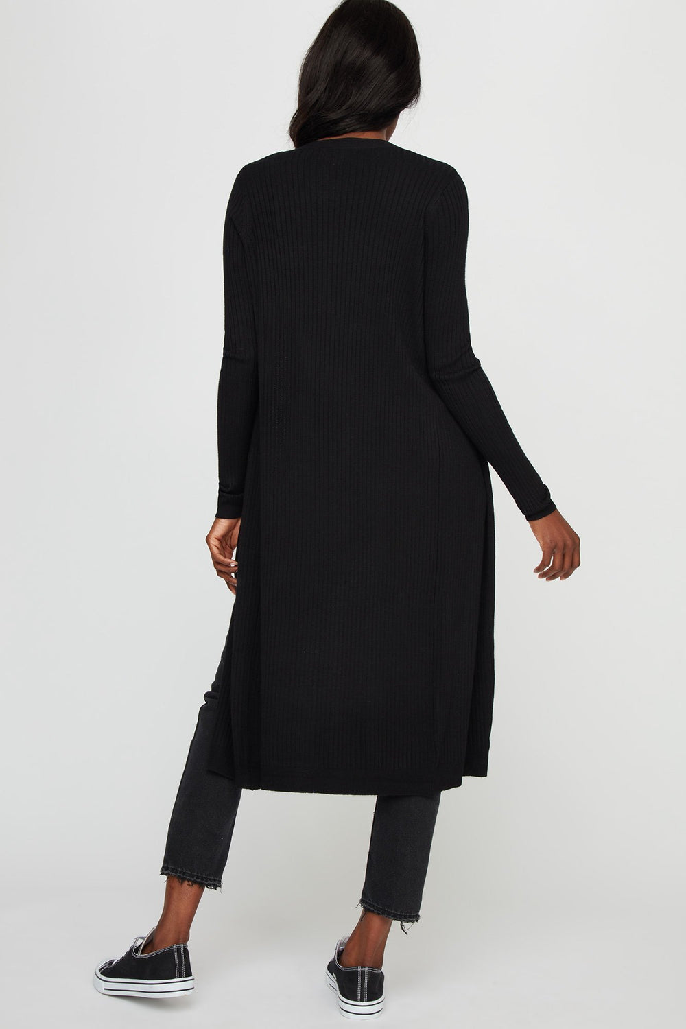 Women Cardigan long ouvert côtelé Noir