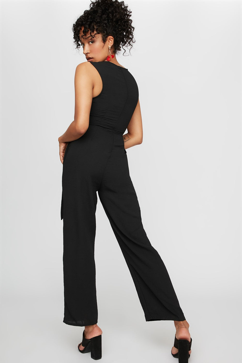 Women Combinaison à surplis avec encolure en V et ceinture Noir