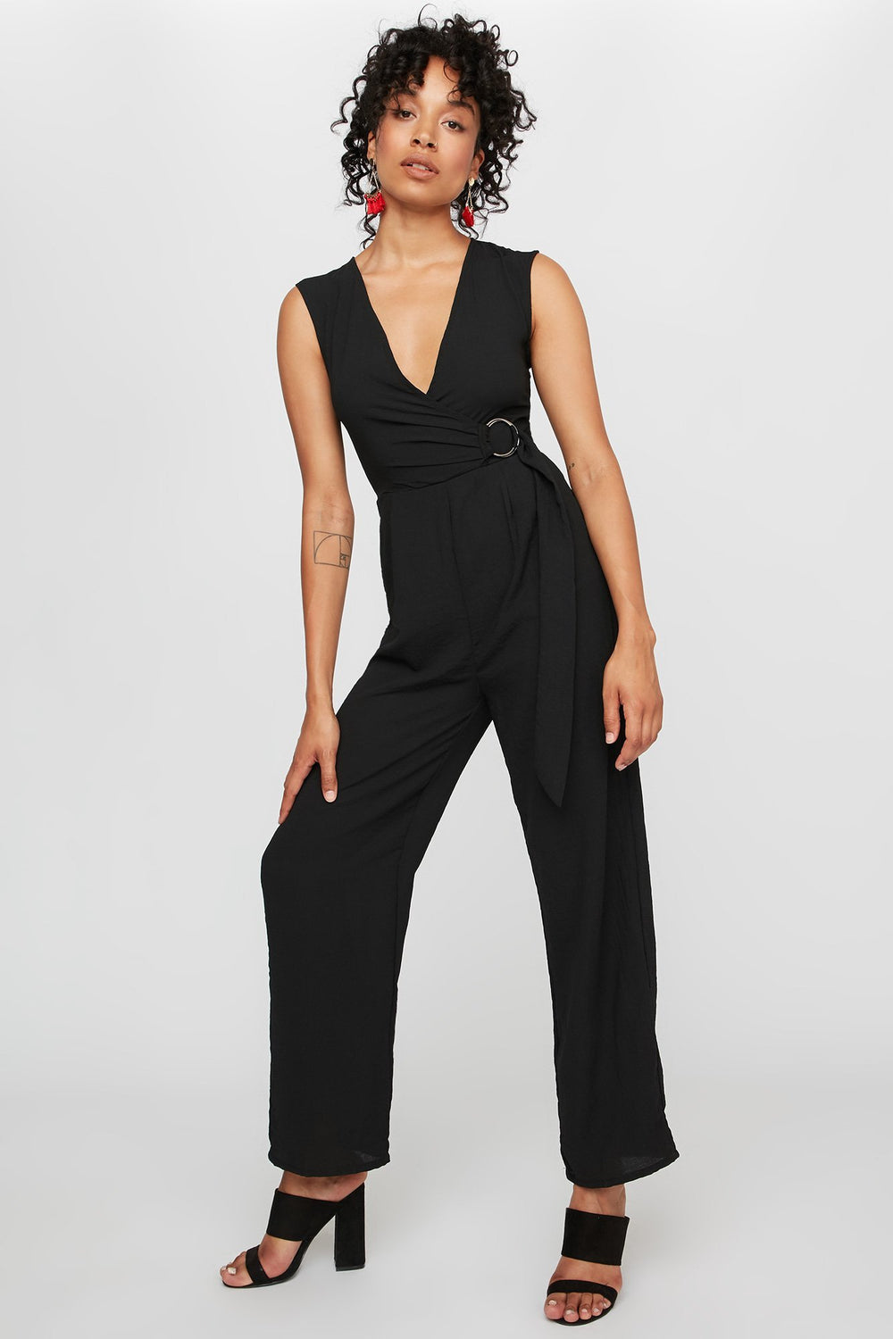 Women Combinaison à surplis avec encolure en V et ceinture Noir