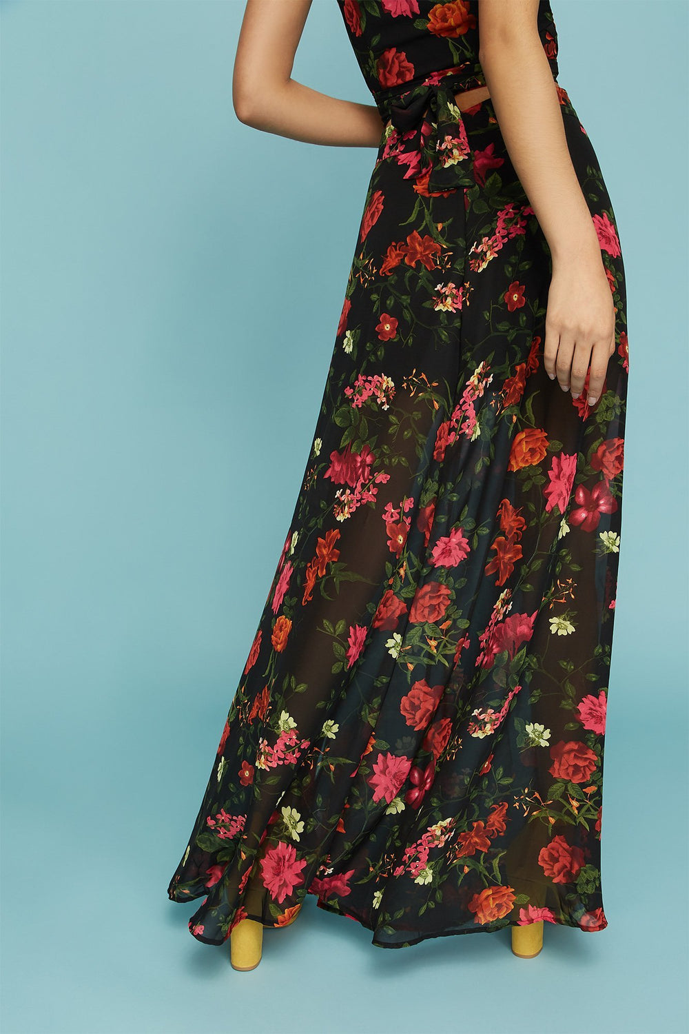 Women Jupe maxi fleurie en filet à taille haute Noir