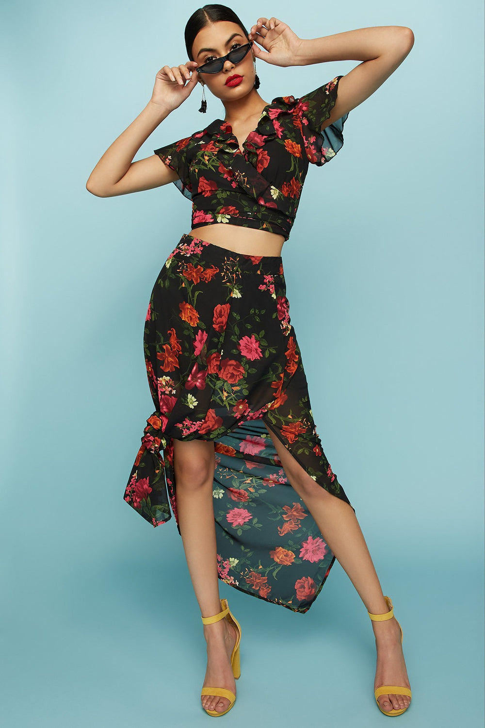Women Jupe maxi fleurie en filet à taille haute Noir