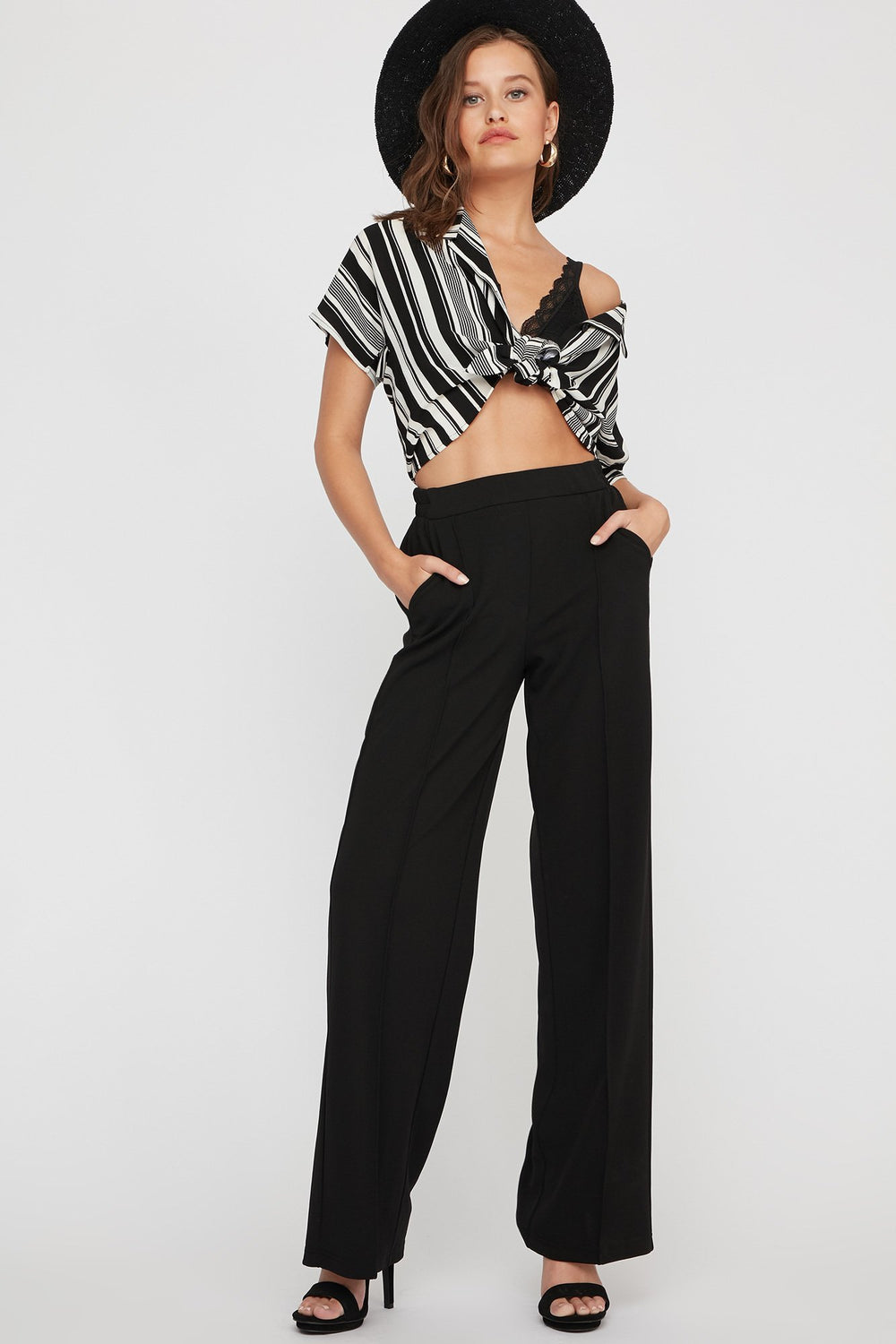 Women Pantalon à enfiler à taille haute et jambe large Noir