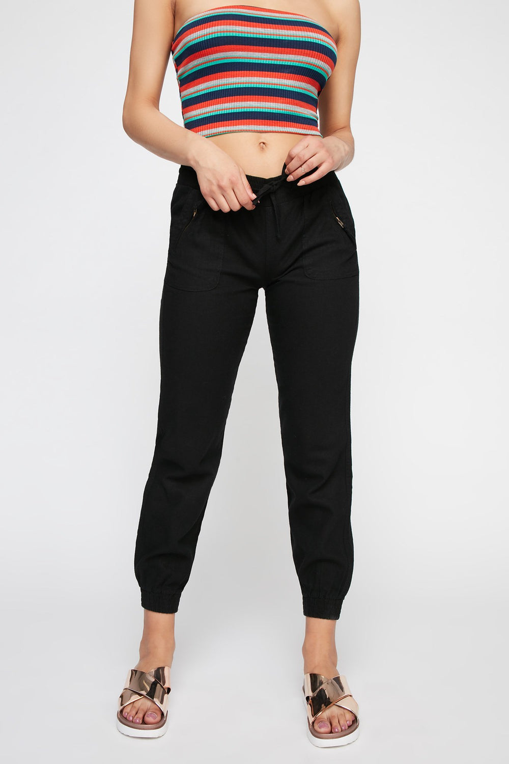 Women Pantalon de jogging en lin avec fermeture à glissière et taille coulissante Noir