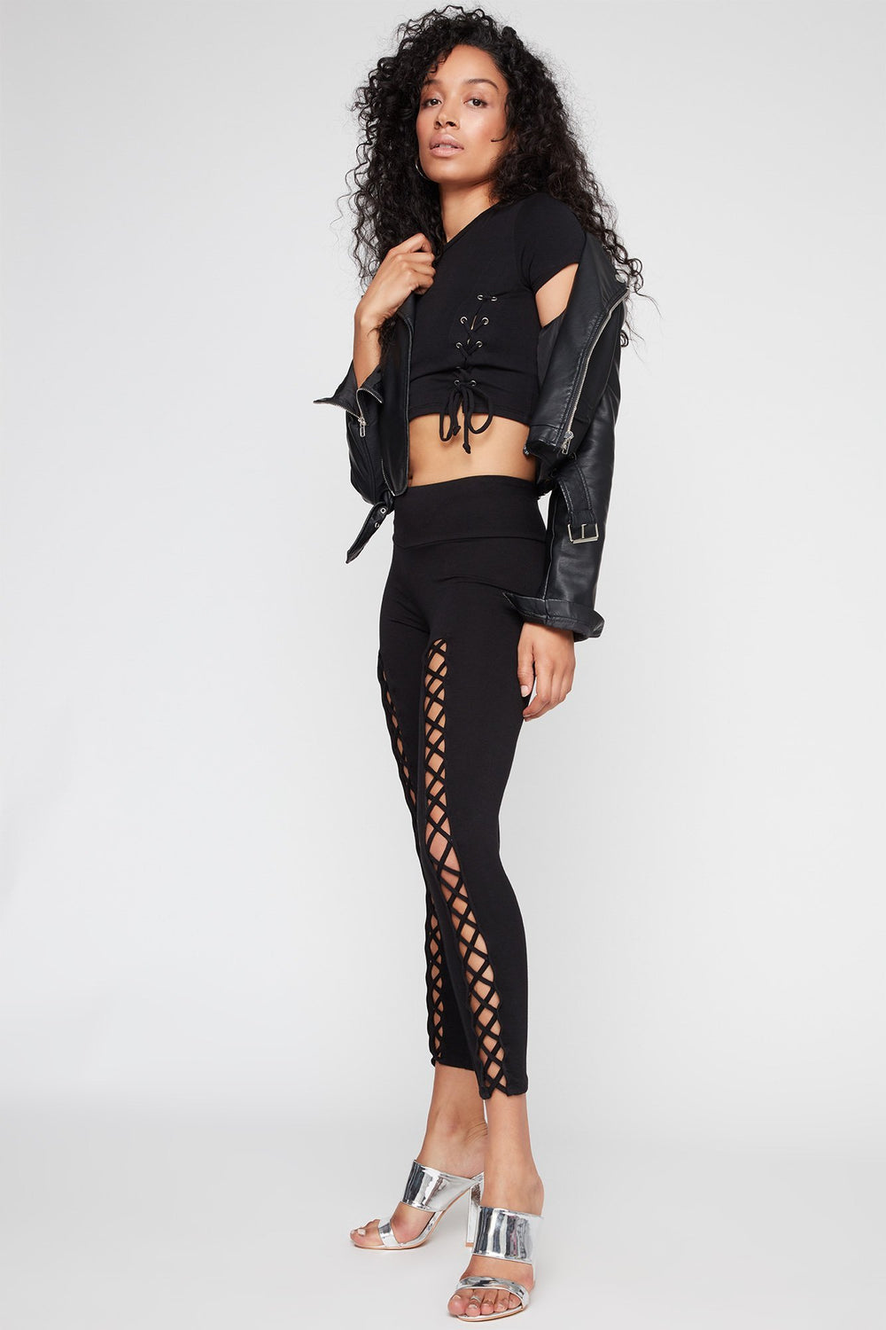 Women Pantalon étroit à taille haute et motif de cage croisé Noir