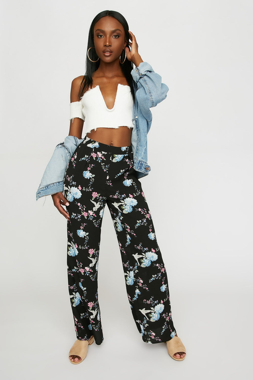 Women Pantalon-jupe fleuri à taille haute Noir