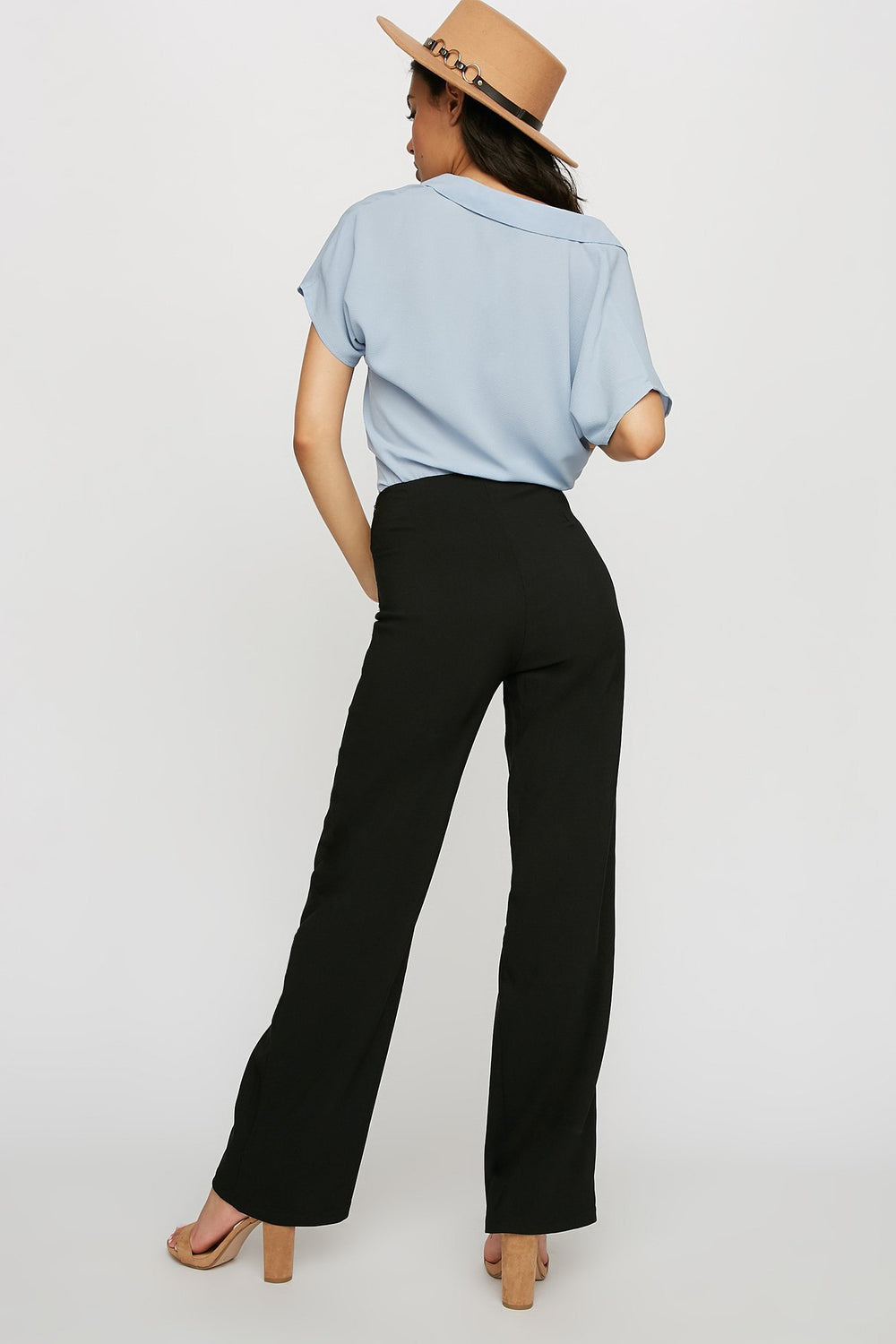 Women Pantalon nervuré à jambe large et taille haute Noir