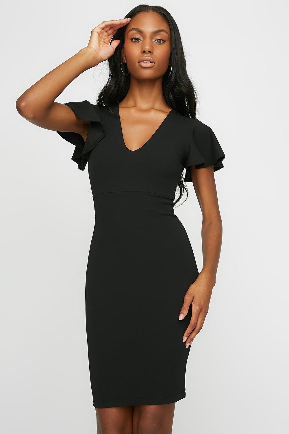 Women Robe midi moulante à manches volantées et encolure en V Noir