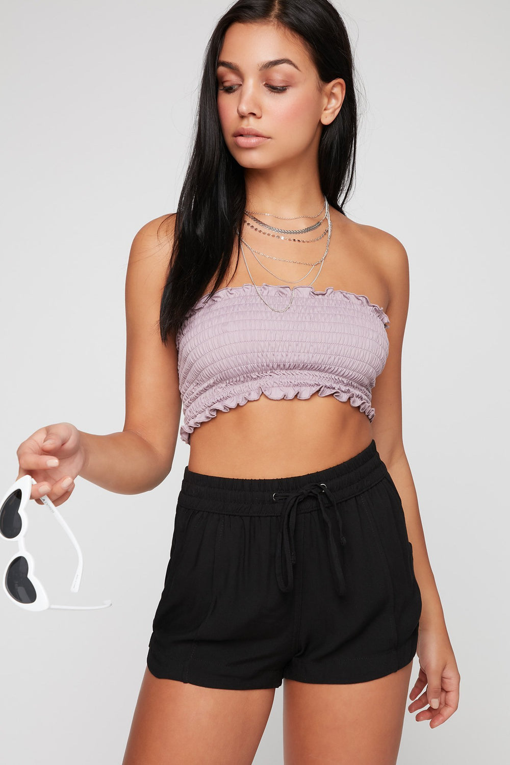 Women Short à taille haute avec ourlet arrondi et taille coulissante Noir
