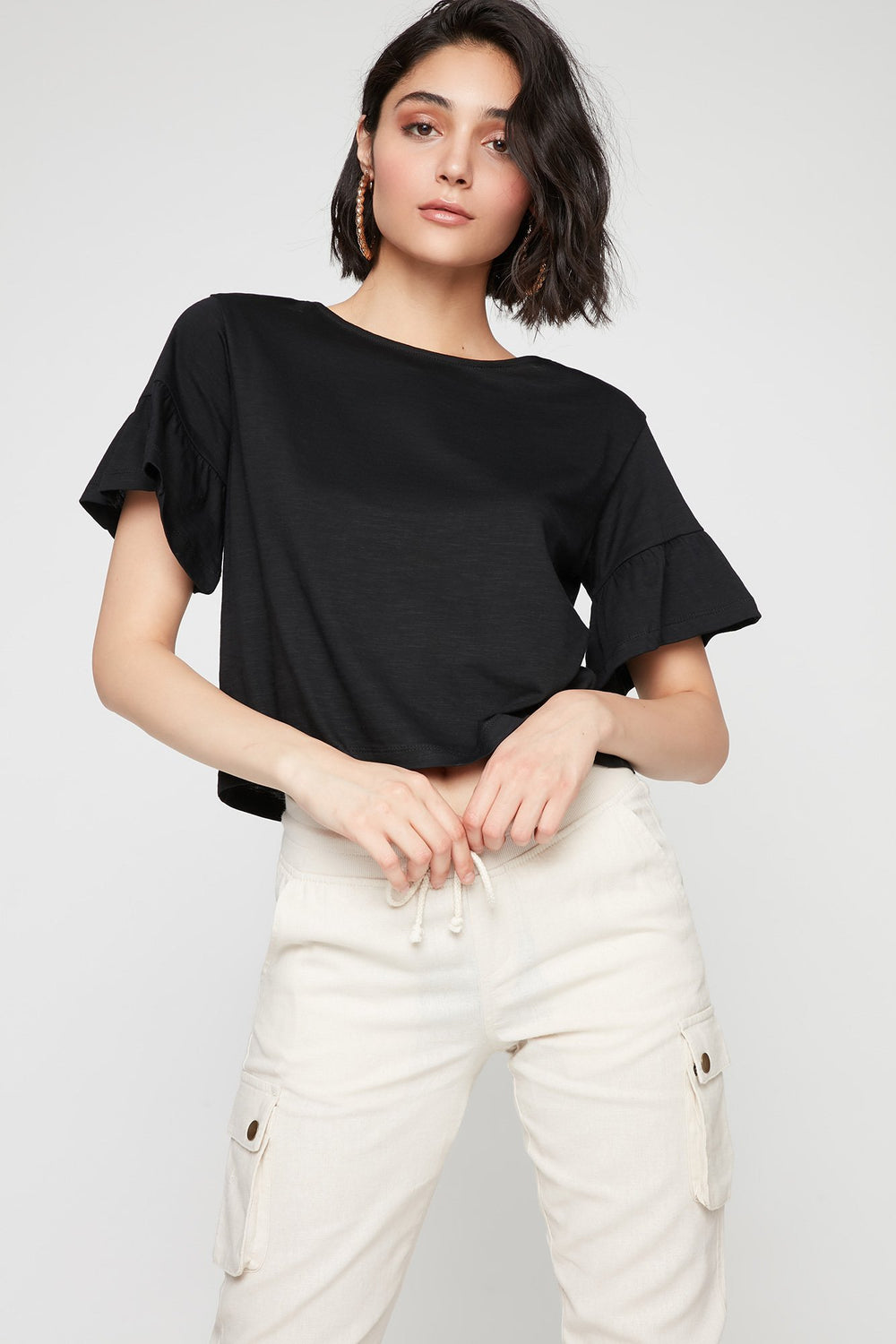 Women T-shirt à manches évasées volantées Noir