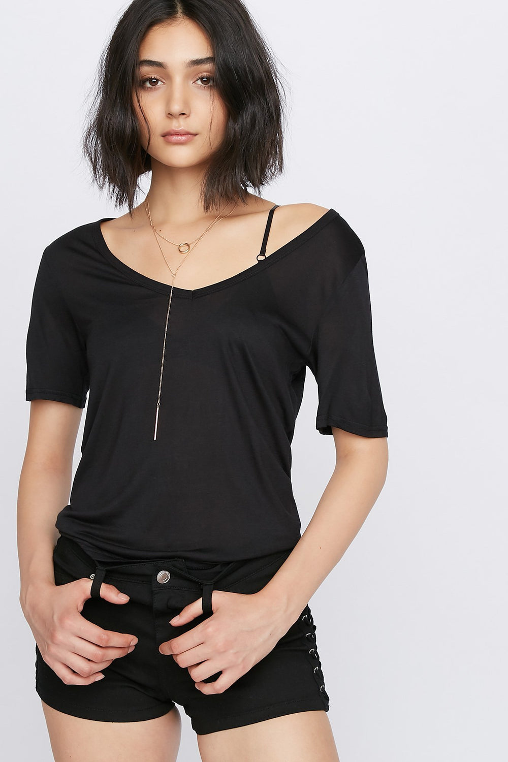 Women T-shirt de base léger à encolure en V Noir