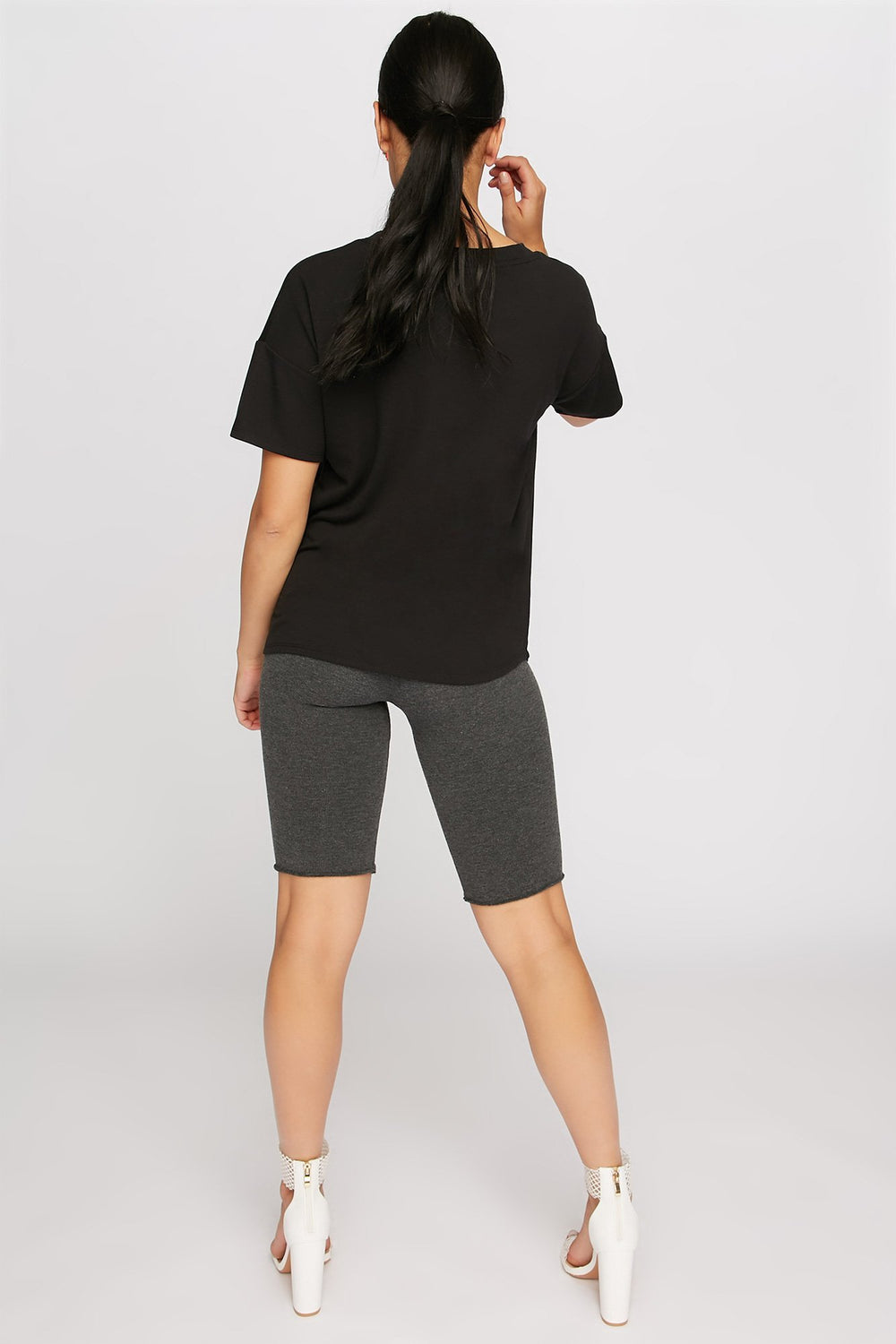 Women T-shirt ruché sur les côtés à imprimé Off-Duty Noir