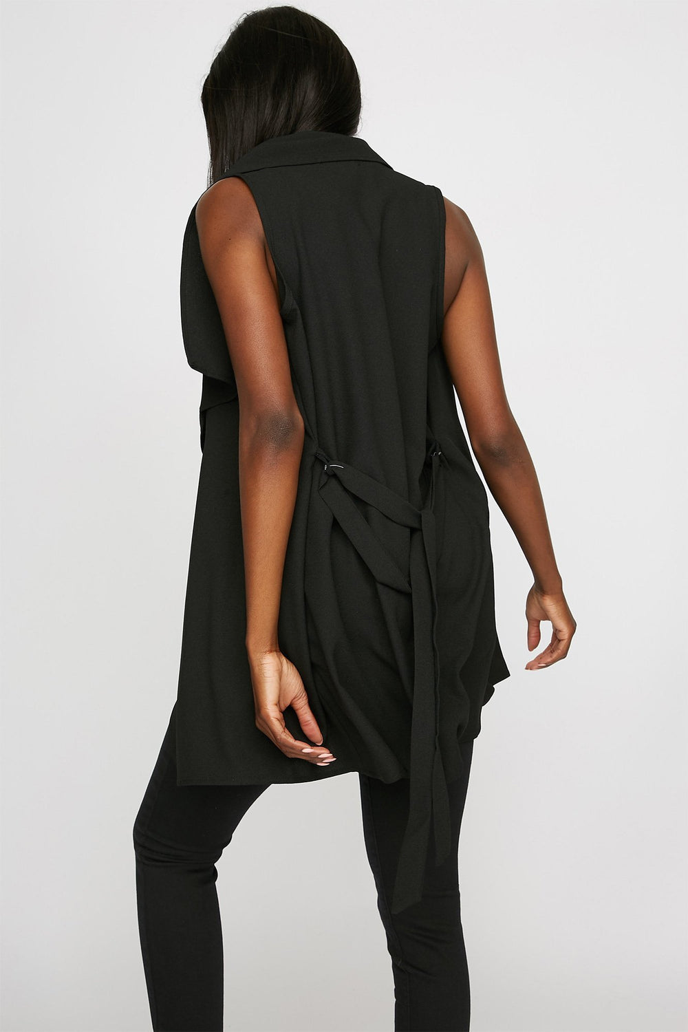 Women Veste long asymétrique ouvert avec ceinture Noir