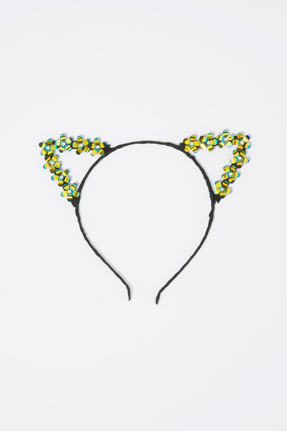 Women Bandeau fleuri vert foncé iridescent avec oreilles de chat Noir