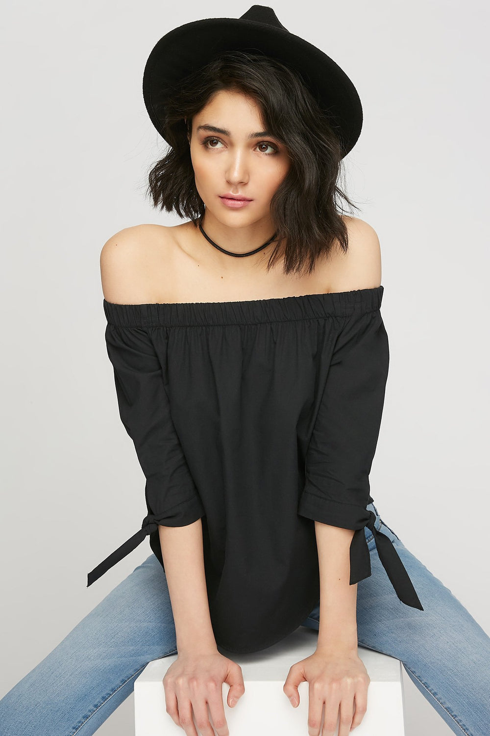 women Blouse à manches avec attaches et épaules dénudées Noir