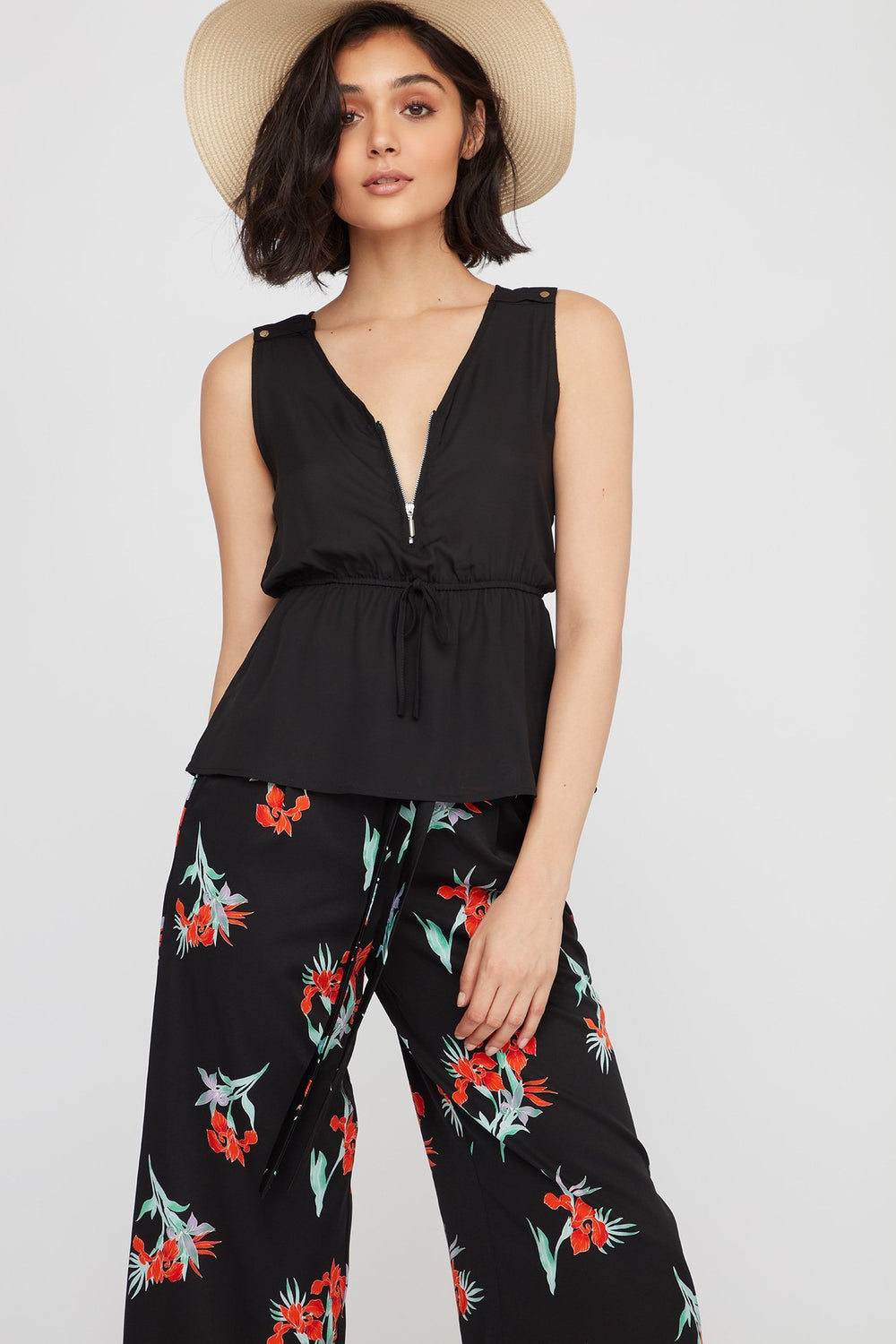 Women Blouse à taille coulissante et demi-fermeture à glissière Noir
