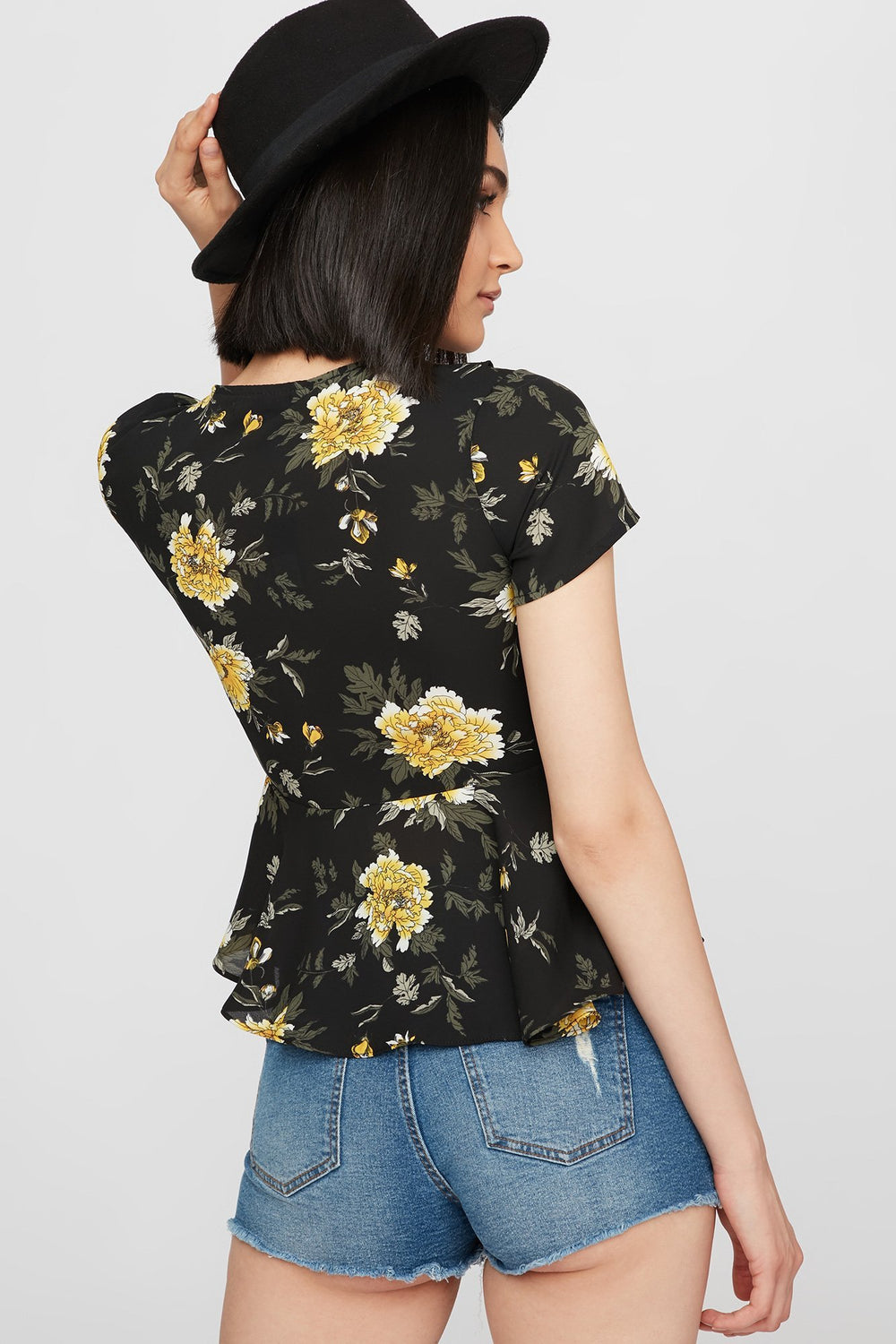 Women Blouse cache-cur volantée fleurie Noir