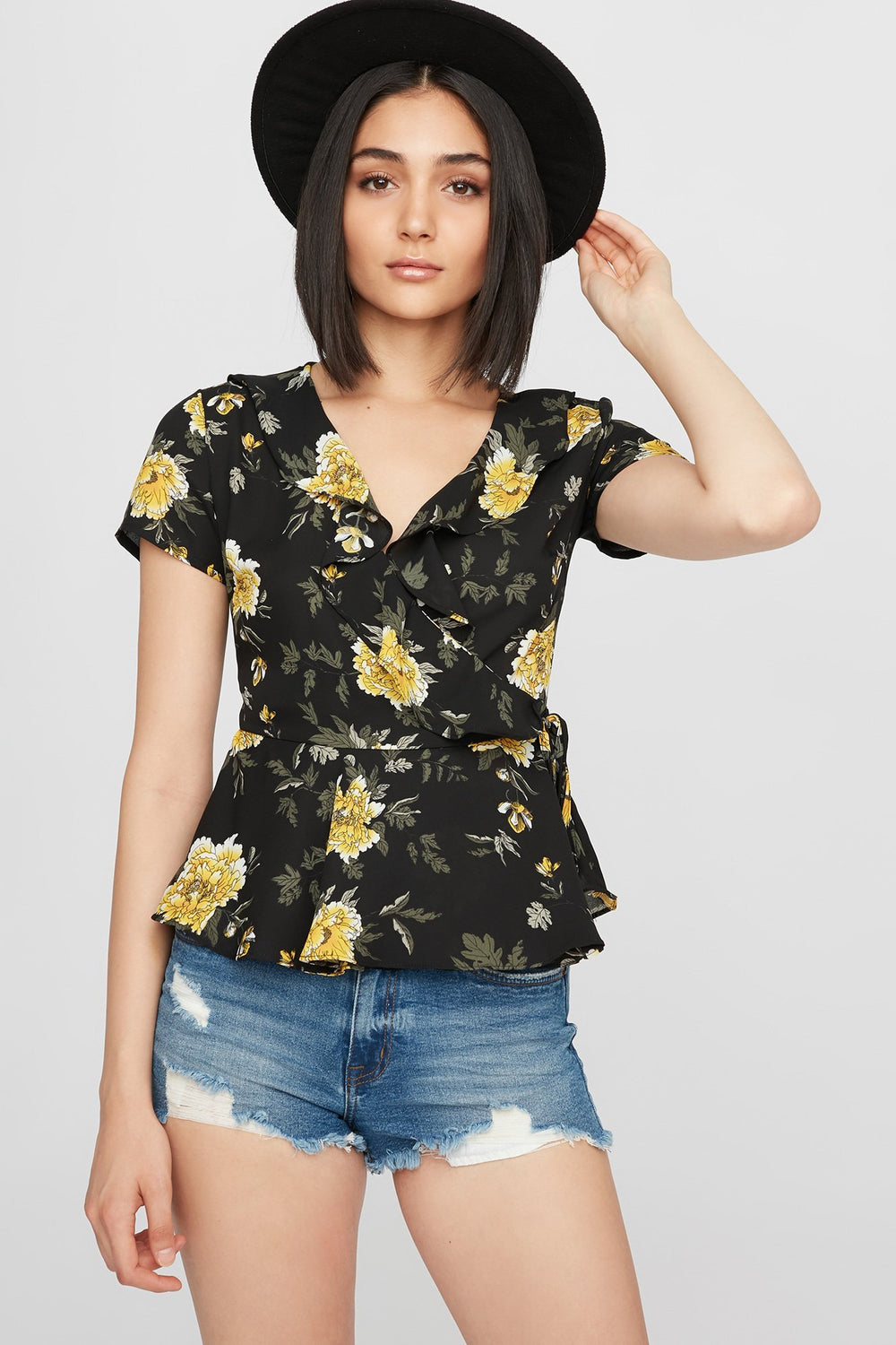 Women Blouse cache-cur volantée fleurie Noir