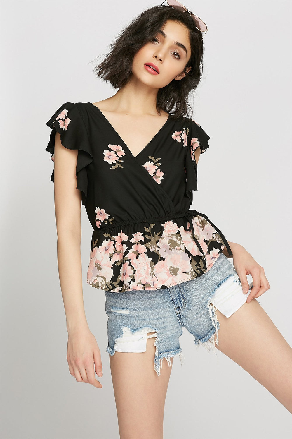 Women Blouse cache-cur volantée imprimée Noir