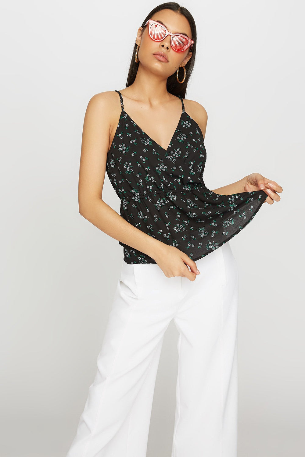Women Blouse fleurie à encolure en V et taille coulissante Noir
