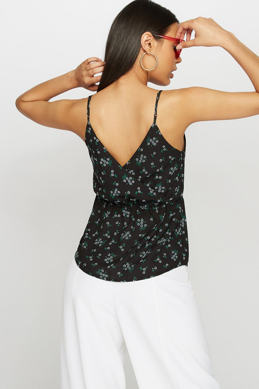 Women Blouse fleurie à encolure en V et taille coulissante Noir