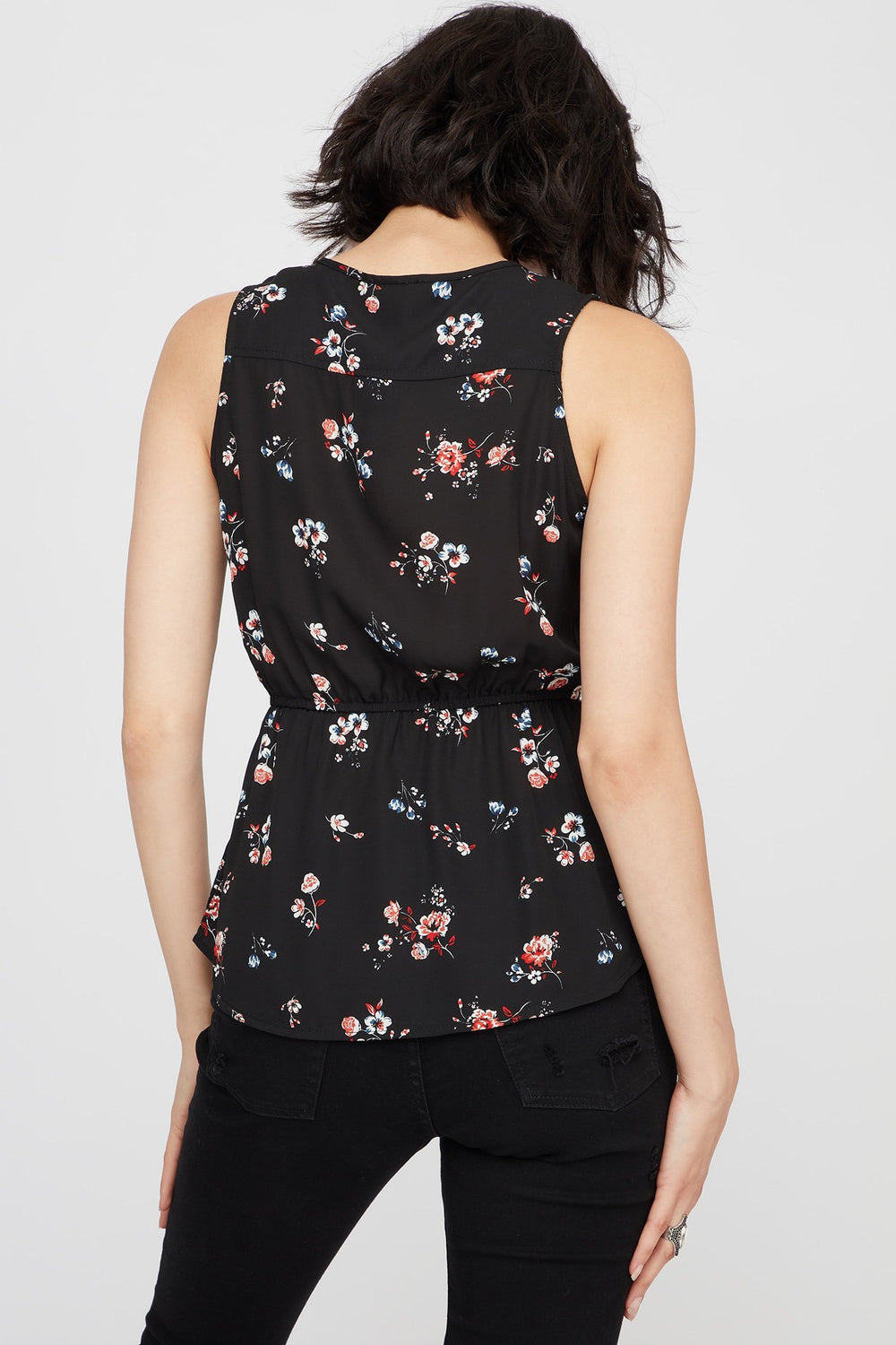 Women Blouse fleurie à taille coulissante et demi-fermeture à glissière Noir