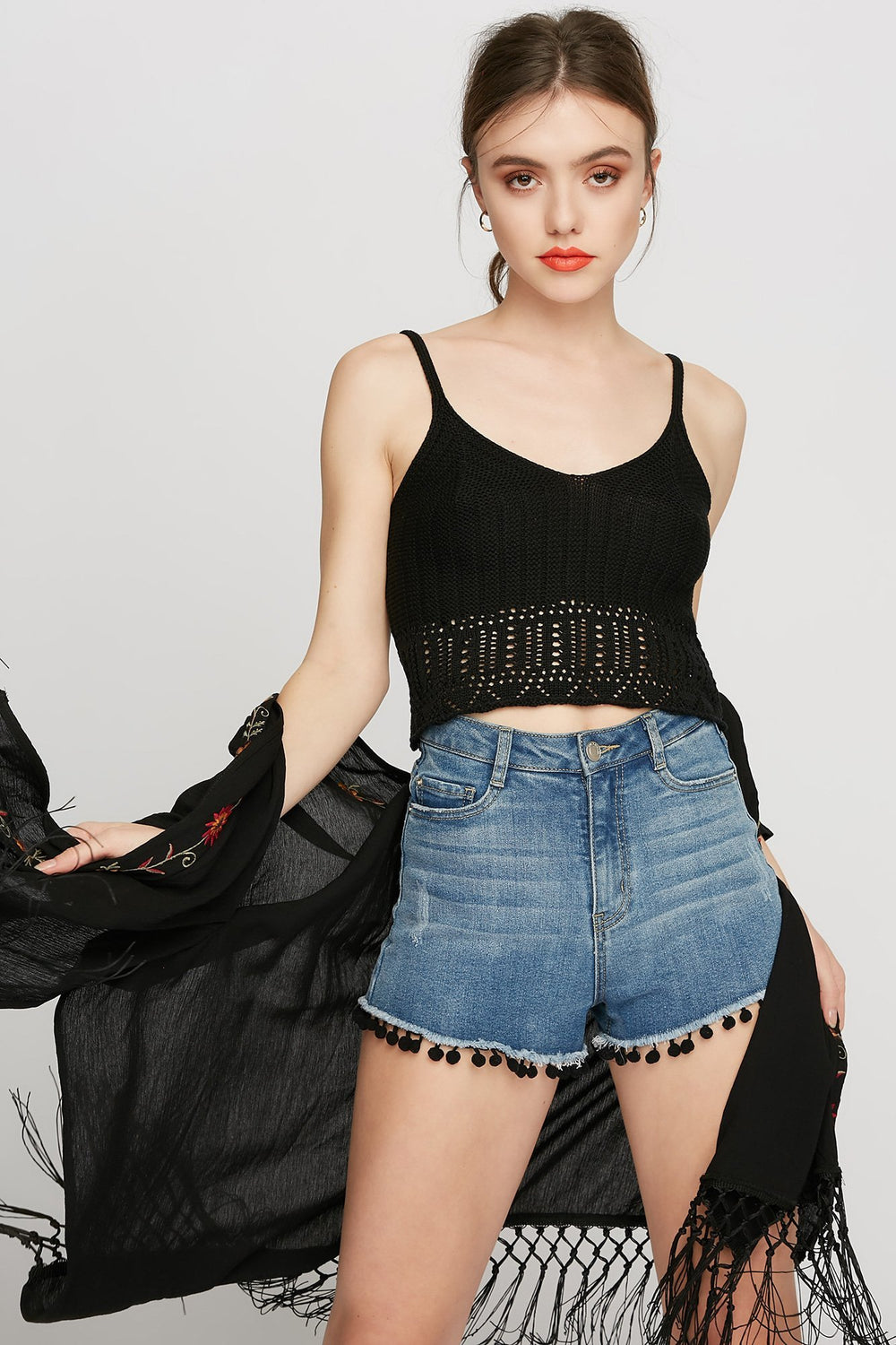 Women Camisole en tricot crocjeté Noir